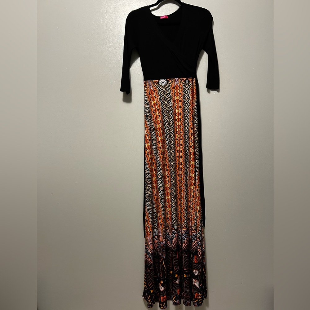 Boho Tribal Maxi Dress – Black Top, Vibrant Skirt – Size Small